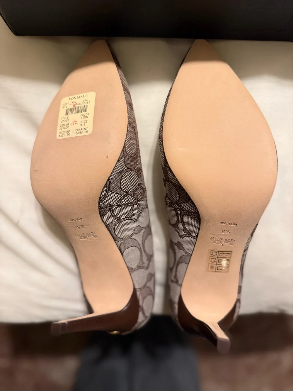 Coach Signature Monogram Pointed Toe Pumps in Brown & Tan